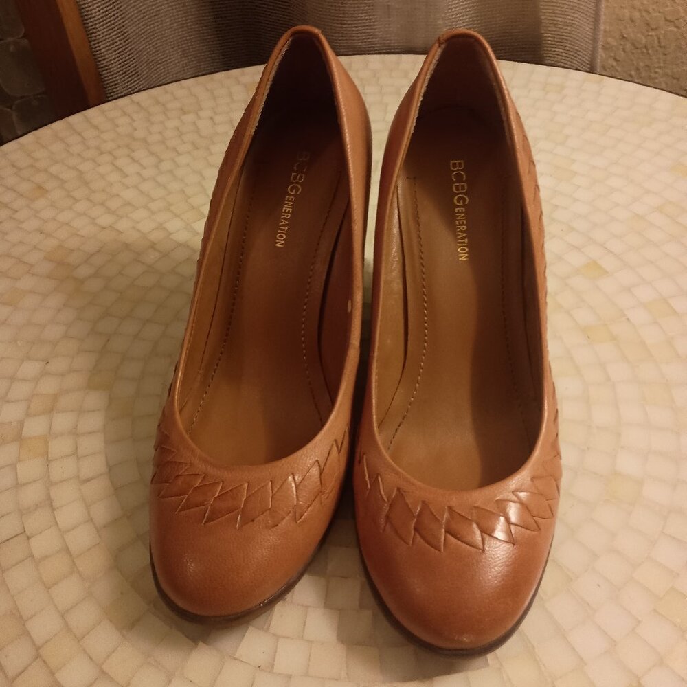 Vintage Tajer Braided Brown Leather Woven Round Toe Womens Wedge Heels 7.5B